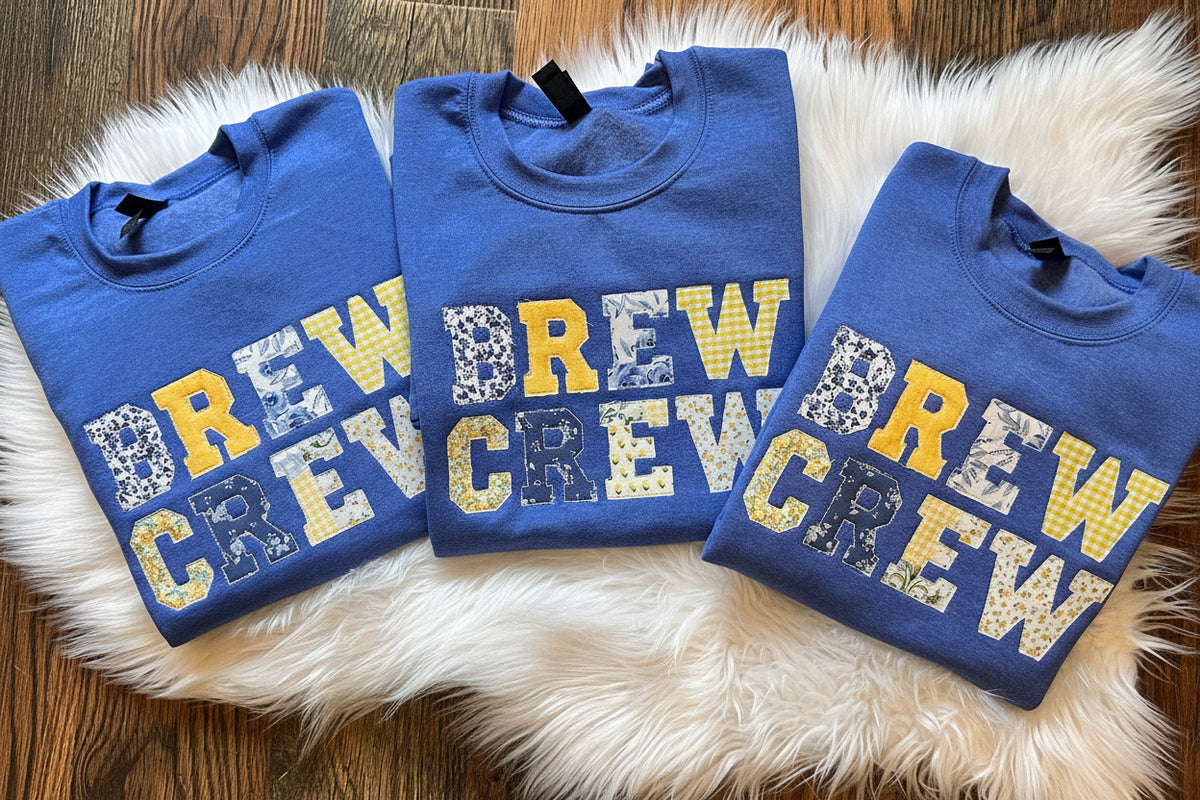 Brew crew patchwork appliqué crew neck
