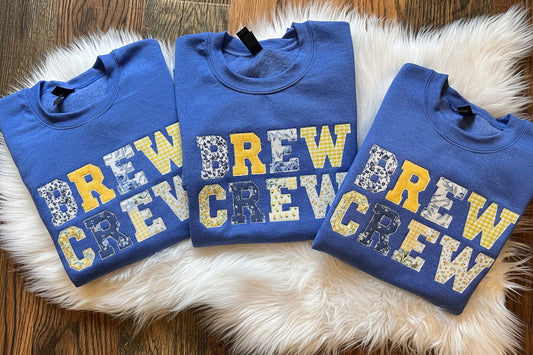Brew crew patchwork appliqué crew neck